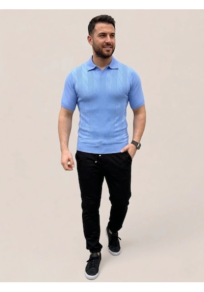 Erkek Yazlık Triko Dokuma Tişört Kısa Kol Polo Yaka T-shirt - Bebek Mavisi