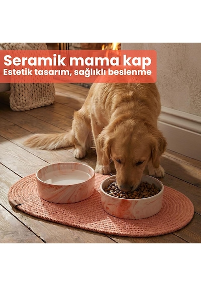 Premium 3'lü Evcil Hayvan Mama Kabı Seti 2 Adet Lüks Mermer Desenli Seramik Kase Ve 1 Adet Oval Örgü Jüt Paspas, Kedi Ve Köpek Su Yemek Tabağı Seti Turuncu