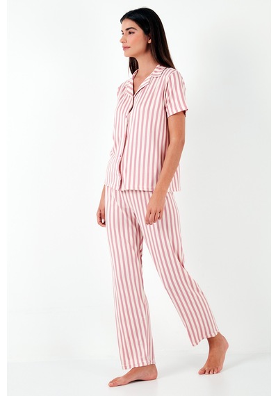 Lela Desenli Regular Fit Gömlek Yaka Bayan Pijama Takımı 65750101 Pudra