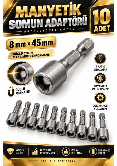Manyetik Somun Adaptörü 8x45 Mm 10 Adet Lokma Bits Ucu Matkap Vid