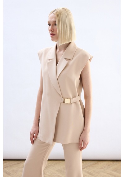 Sateen Yan Kemerli Uzun Yelek - Bej-136860 Bej