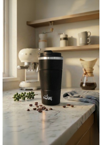 Any Morning Ba21549 Paslanmaz Çelik Termos Mug 500 Ml Siyah, Kaymaz Silikon Halka, Sızdırmaz Kapak