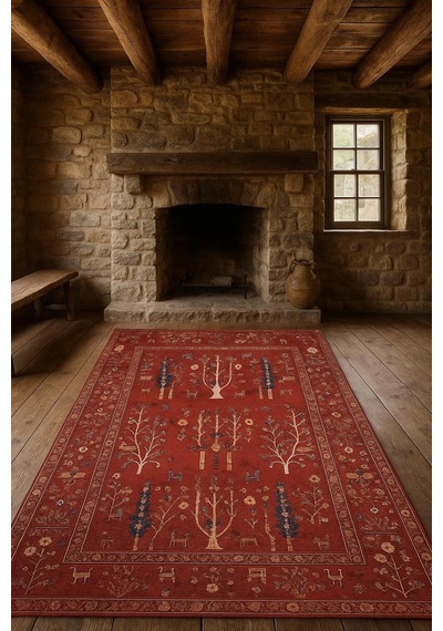 Blghome Otantik Desen Tasarım Modern Halı Dekoratif Kilim Kırmızı