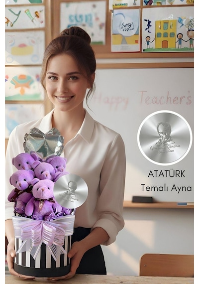 Öğretmen'e Hediye: Atatürk Temalı Aynalı Çizgili Premium Kutuda, Kalpli Balonlu 6 Lı Mor Ayıcık Buketi-24 Kasım Öğretmenler Günü Hediyesi