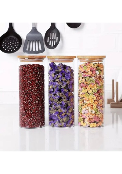 3 Adet 1300 Ml Bambu Kapaklı Yuvarlak Bakliyat Seti Kavanozu