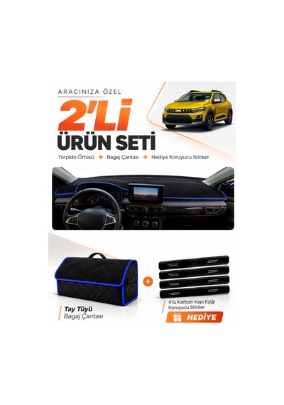 Dacıa Sandero 2022-2026 Ekranlı Uyumlu Torpido Örtüsü + Tay Tüyü Bagaj Çantası Seti - Siyah Mavi