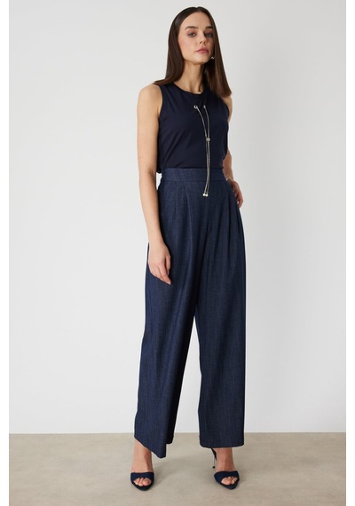 On Kadın Beli Lastikli Bol Paça Kumaş Pantolon 70701 Indigo Indigo