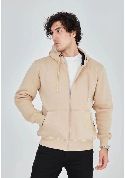 Freedom Store Erkek 3 İplik Pamuklu Kapüşonlu Tam Fermuarlı Cepli Hoodie Sweatshirt - Bej