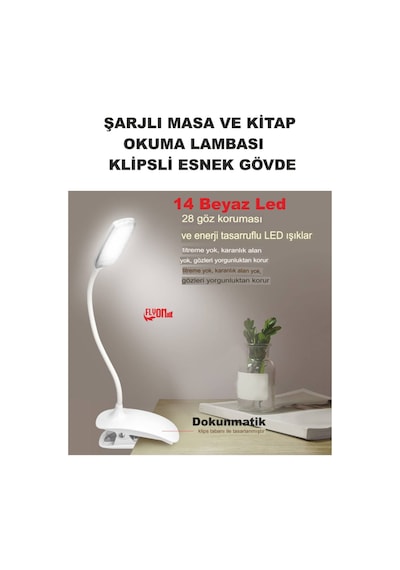 Şarj Edilebilir Klipsli Kitap Okuma Işığı 14 Led Kitap Arası Okuma 3 Modlu Işık Mandallı Lamba Masa Beyaz