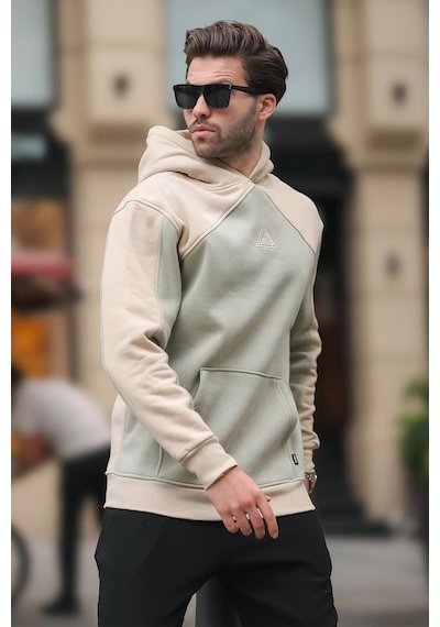 Madmext Bej Kapüşonlu Cep Detaylı Nakışlı Sweatshirt E7085 Bej