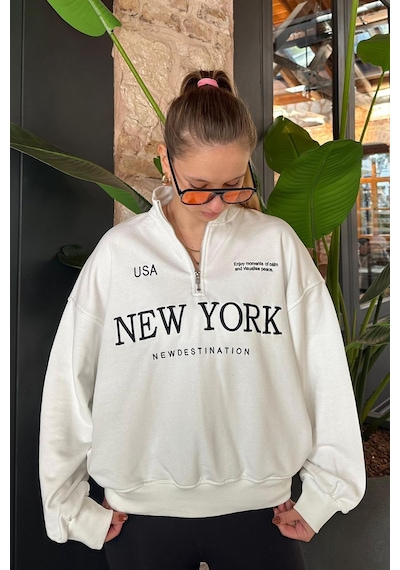 Madmext Ekru Yarım Fermuarlı Baskılı Sweatshirt Mg2240 Ekru