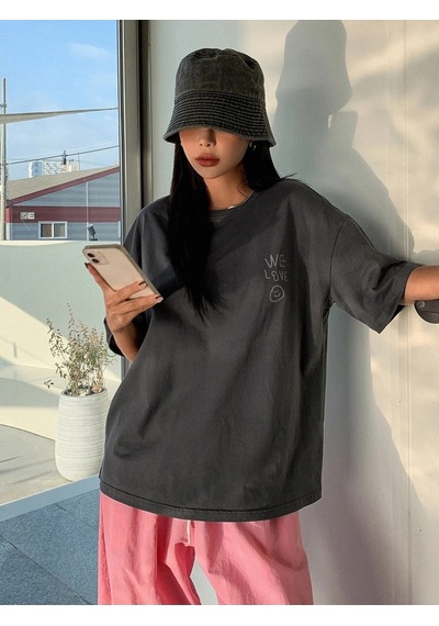 Flood Of Style Kadın Füme Love Love Love Baskılı Oversize T-shirt Gri
