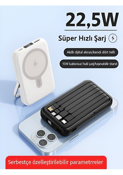Pw-122 10000mah 15w Kablosuz Kablolu Lcd 22.5w Mikro Lightning Type-c Kablolu Powerbank Çok Renkli