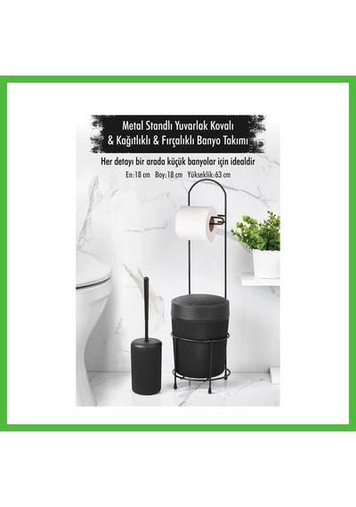 Vaveni Metal Standlı Yuvarlak Kovalı & Kağıtlıklı & Fırçalıklı Siyah Banyo Takımı Arz