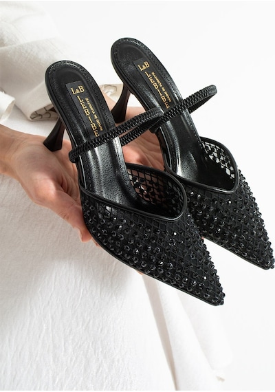 Lebibe Shoes Mına Kadın Siyah File Taşlı 7 Cm Topuklu Slingback Sivri Burun Abiye Ayakkabı Lebibe Shoes Mına Kadın Siyah File Taşlı 7 Cm Topuklu Slingback Sivri Burun Abiye Ayakkabı