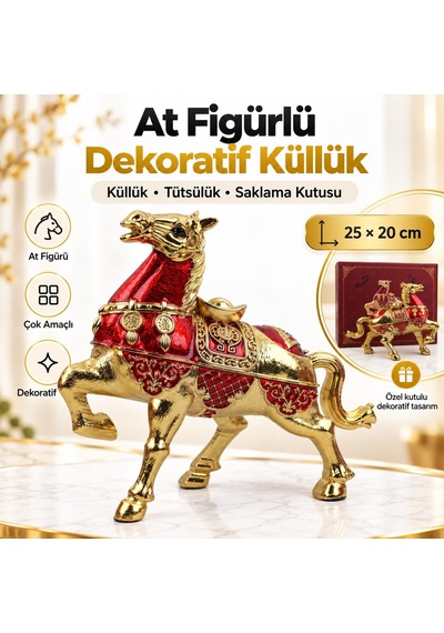 Lüks Alaşım Metal At Figürlü Kapaklı Dekoratif Küllük Ve Takı Saklama Kutusu Metal Biblo 25 X 20 Cm 25344918