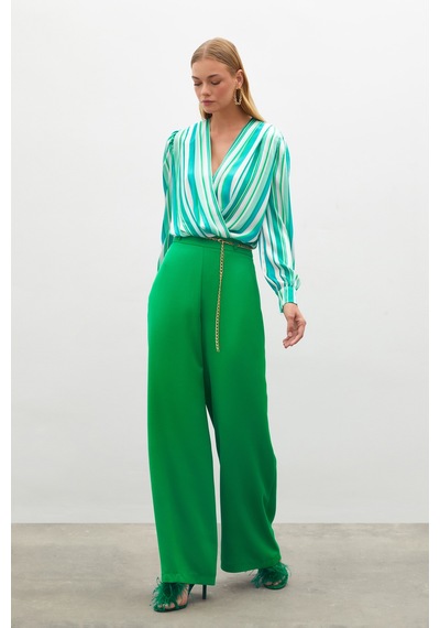Sateen Zincirli Saten Krep Pantolon - Yeşil-134888 Yeşil