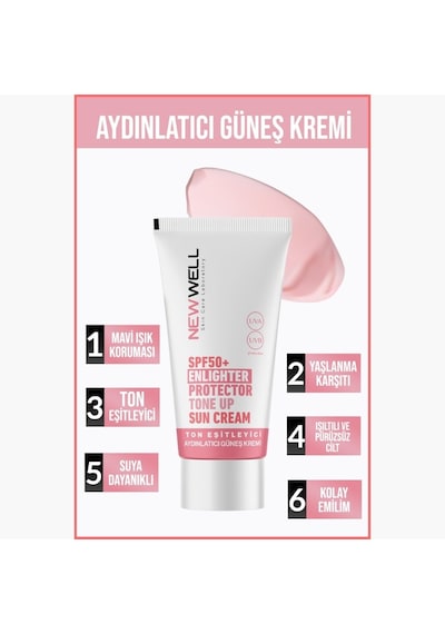 New Well Ton Eşitleyici Yüksek Koruma Etkili Spf50+ Aydınlatıcı Pembe Yüz Güneş Kremi 50ml