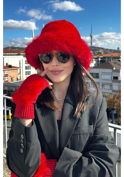 Mollycrush Kadın Kırmızı 2 Li Peluş Bucket Şapka Eldiven Trend Premium Set Kırmızı