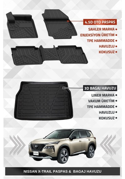 Sahler Nissan X-trail Benzinli 2022+ Uyumlu 4.5d Premium Havuzlu Oto Paspas Ve Liner Marka 3d Bagaj
