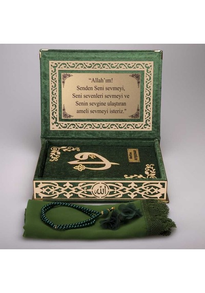 Şal + Tesbih + Kuran Hediye Seti (Orta Boy, Yeşil, Gold Pleksi)