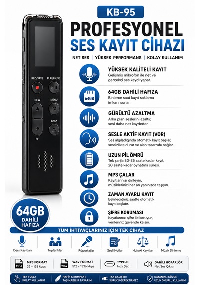 Kb-95 64 Gb Profesyonel Dijital Ses Kayıt Cihazı Ekranlı, Gürültü Azaltma, Ses Sensörlü Vor, Mp3 Çalar, Şifre Koruma