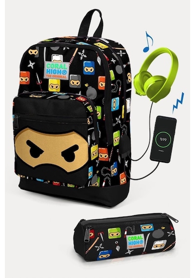 Coral High Kids Siyah Ninja Desenli Usb'li 2'li Okul Çanta Seti - Erkek Çocuk