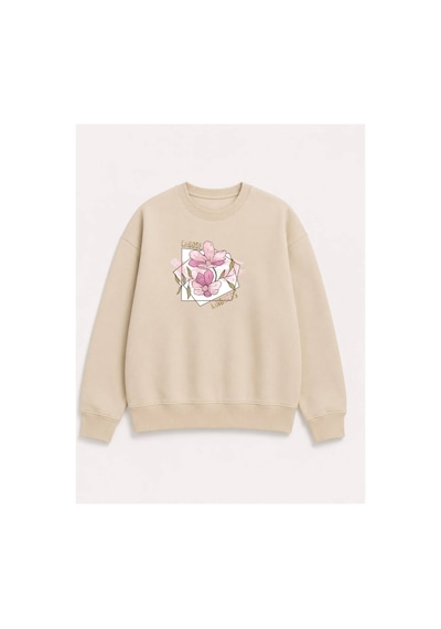 Herkesemoda Choose Çiçek Baskılı 2 İplik Şardonlu Bisiklet Yaka Sweatshirt Bej