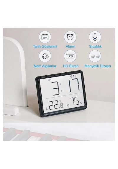 Yenilzd Pilli Mini Saat Alarm Saat Nem Göstergesi Sıcaklık Ölçer Siyah