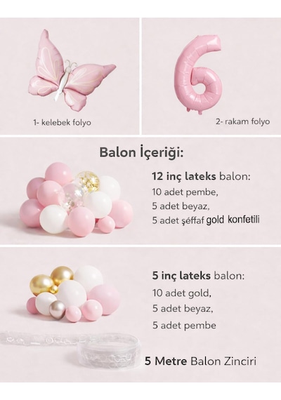 Kelebek Temalı Pembe 6 Yaş Doğum Günü Balon Seti Pembe Gold Balon Zincirli Pembe