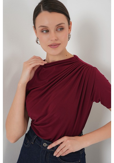 Bigdart Büzgü Detaylı Kısa Kol Sandy Bluz 945 - Bordo