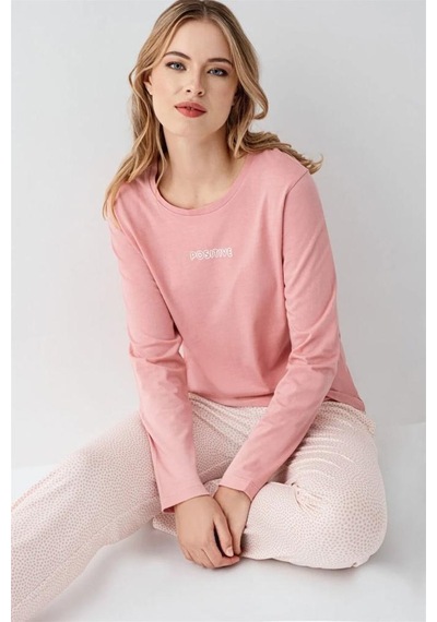 Arnetta Modal Pamuk Uzun Kol Sıfır Yaka Patlı Bayan Pijama Takım Pembe