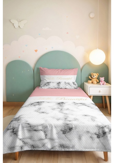 Pembe Mermer Modern Genç Odası Tek Kişilik Pike Takımı - Beyaz Gri 160x220 Cm Kapitone Yatak Örtüsü Lacivert