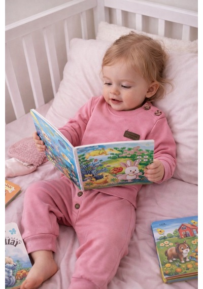 Babyhola Pamuk Düğmeli Sweat Düğmeli Pantolon Takım 236311 Pembe
