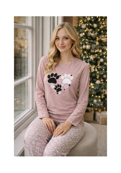 Rindahomewear Kadın Pati Baskılı Süprem Pijama Takımı Gül Kurusu