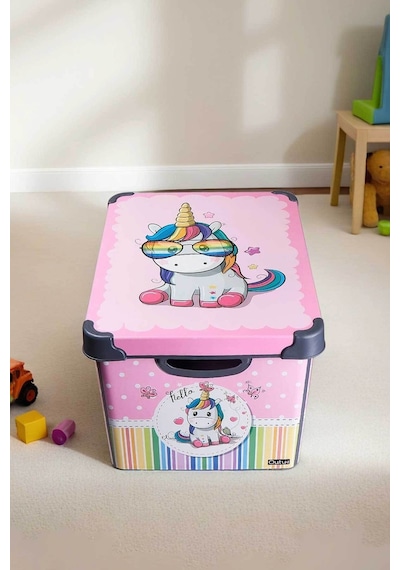 Style Box Retro Unicorn Desenli 20 L Dekoratif Oyuncak Ve Saklama Kutusu Gri Çok Renkli