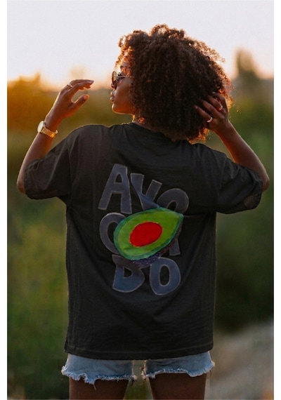 Avacado Sırt Baskılı Oversize Unisex Pamuklu Tişört SIYAH