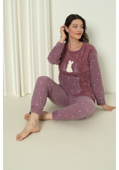 Wordex Fwn 04-3302 Peluş Welsoft Polar Kışlık Yumoş Tavşanlı Kadın Pijama Takımı Lila
