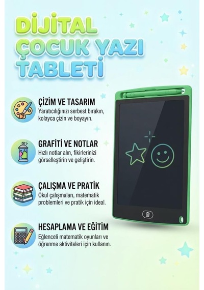 8.5 İnç Lcd Kalemli Çizim Kilitlemeli Silmeli Eğitici Oyuncak Çizim Tableti Yeşil