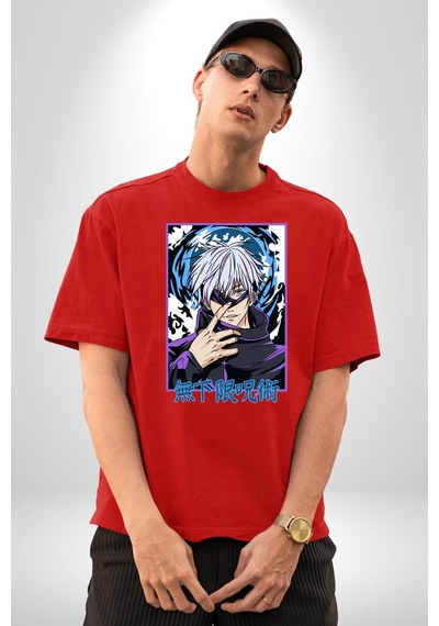 Jujutsu Vintage Washed - Megumi Gojo Anime Manga Pamuklu Bisiklet Yaka Unisex Oversize Boyfriend Dijital Baskılı Kırmızı T-shirt Kırmızı