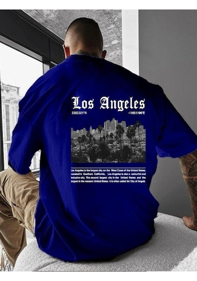 Los Angeles Baskılı Oversize Tişört Saks Mavisi