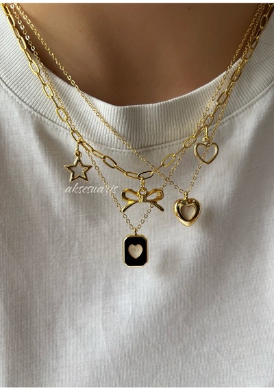 3'lü Gold Kalp Yıldız Kurdele Charm Kolye Set Sarı Sarı