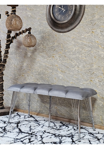 Zafir Metal Krom Tel Ayaklı 100 Cm Puf Bench - Puf - Bench - Oturak - Mutfak Oturağı - Antre Oturağı Gri