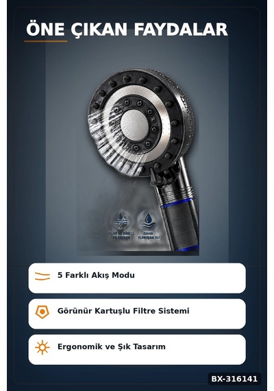 Filtreli Duş Başlığı 5 Fonksiyonlu Masaj Etkili Kireç Önleyici Banyo Başlığı Siyah Bx-316141 Diğer