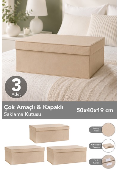 3'lü Organizer Baza Hurç Seti - Çok Amaçlı Kapaklı Saklama Kutusu 50x40x19cm Bej