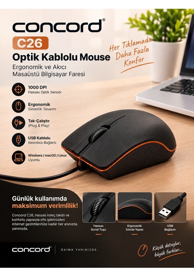 C-26 Optik 1000 Dpı Usb Kablolu Mouse Ergonomik Ofis Ve Bilgisayar Faresi