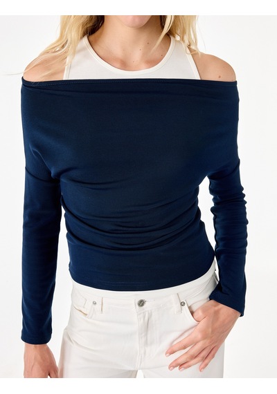 Koton Slim Fit Asimetrik Yaka Katmanlı Uzun Kollu Tişört Lacivert 7wal10328ık