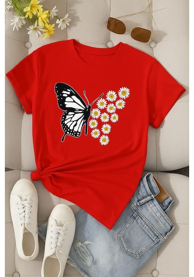 Papatyalı Kelebek Baskılı Unisex Tişört Kirmizi