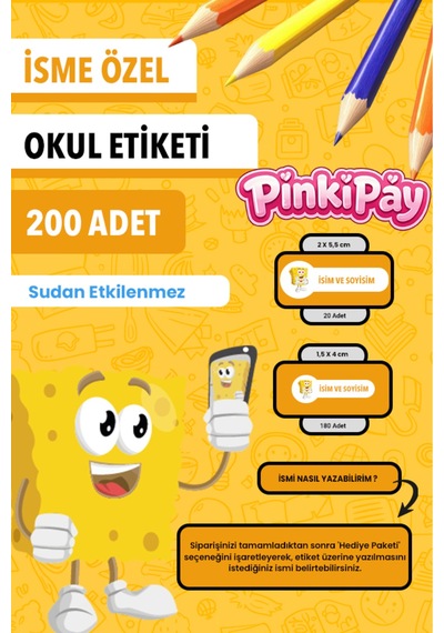 İsim Yazılabilir Sünger Bob Temalı Okul Etiketi Kalem & Defter İçin 200 Adet Çoklu