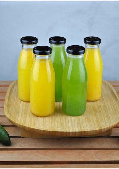5 Adet Cam Şişe Meyve Suyu Ayran Detoks Şişesi 250 Ml Siyah Metal Kapaklı Şişe